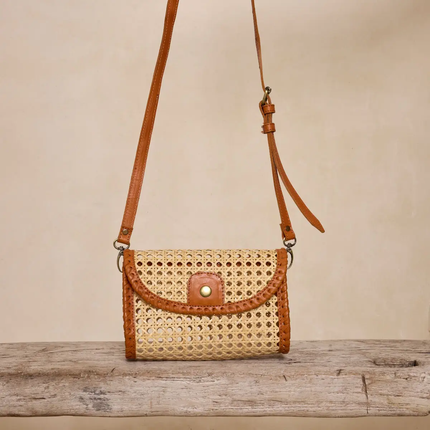 Brown Rattan Clutch with Leather Trim and Crossbody Strap-front