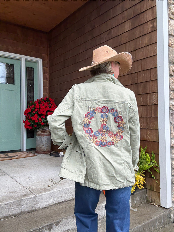 Herringbone Cargo Jacket W Peace Sign