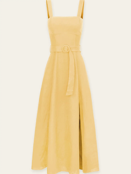 Linen Square Neck Buckle Midi Dress