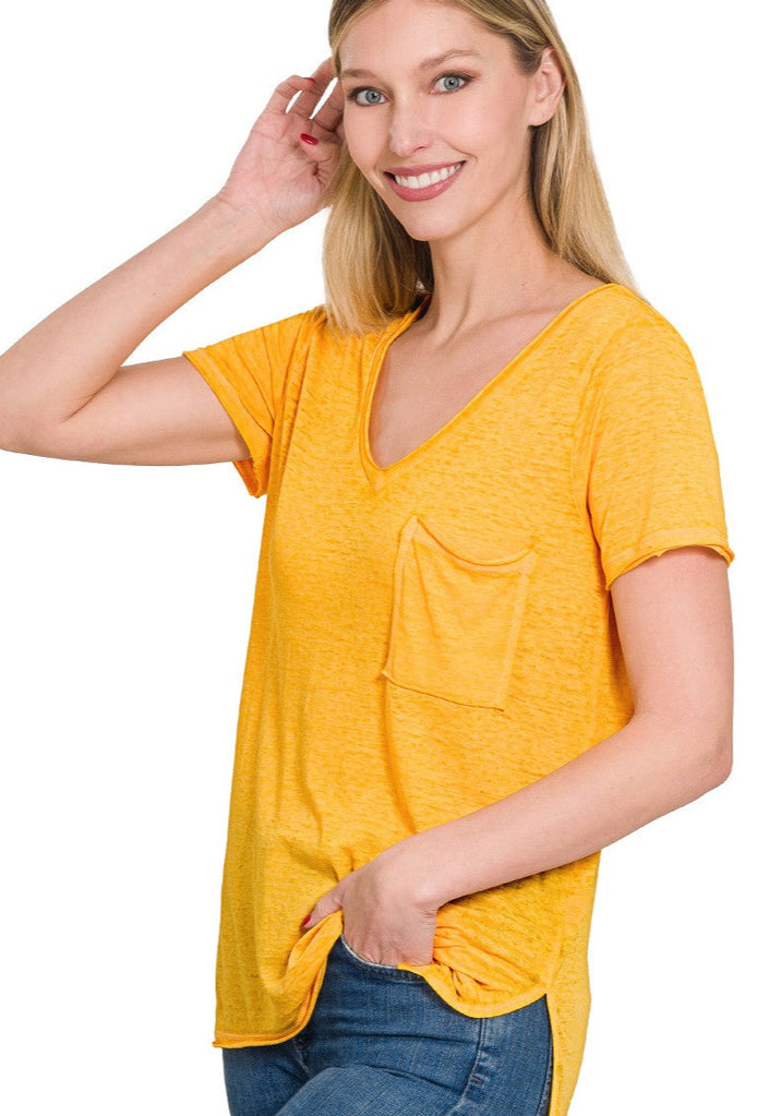 Lucy Washed Melange Burnout Scoop V Neck Tee yellow gold