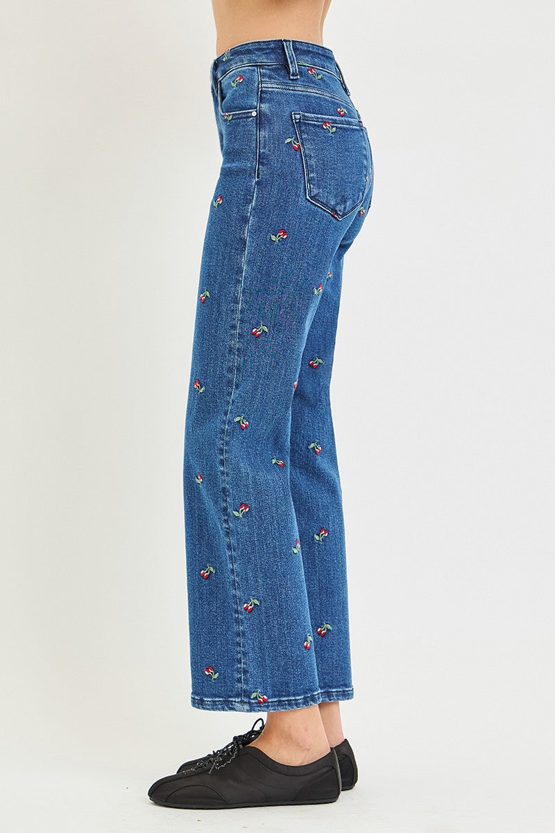 Cherry Cherry Embroidered Ankle Straight, dark wash-side