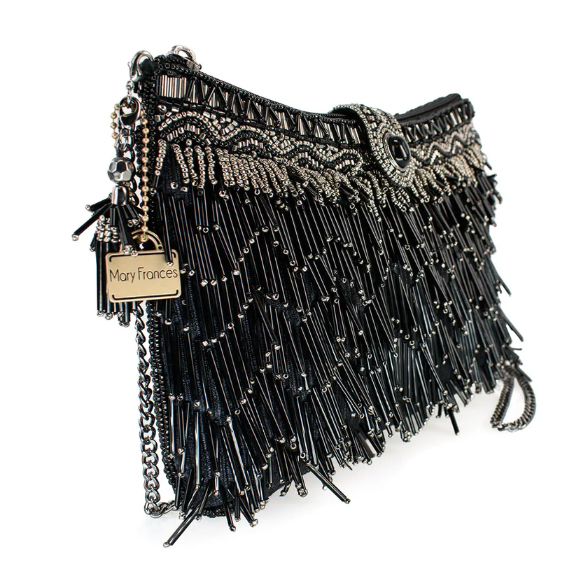 Shimmy, Black Fringe Beaded Crossbody Handbag front/side