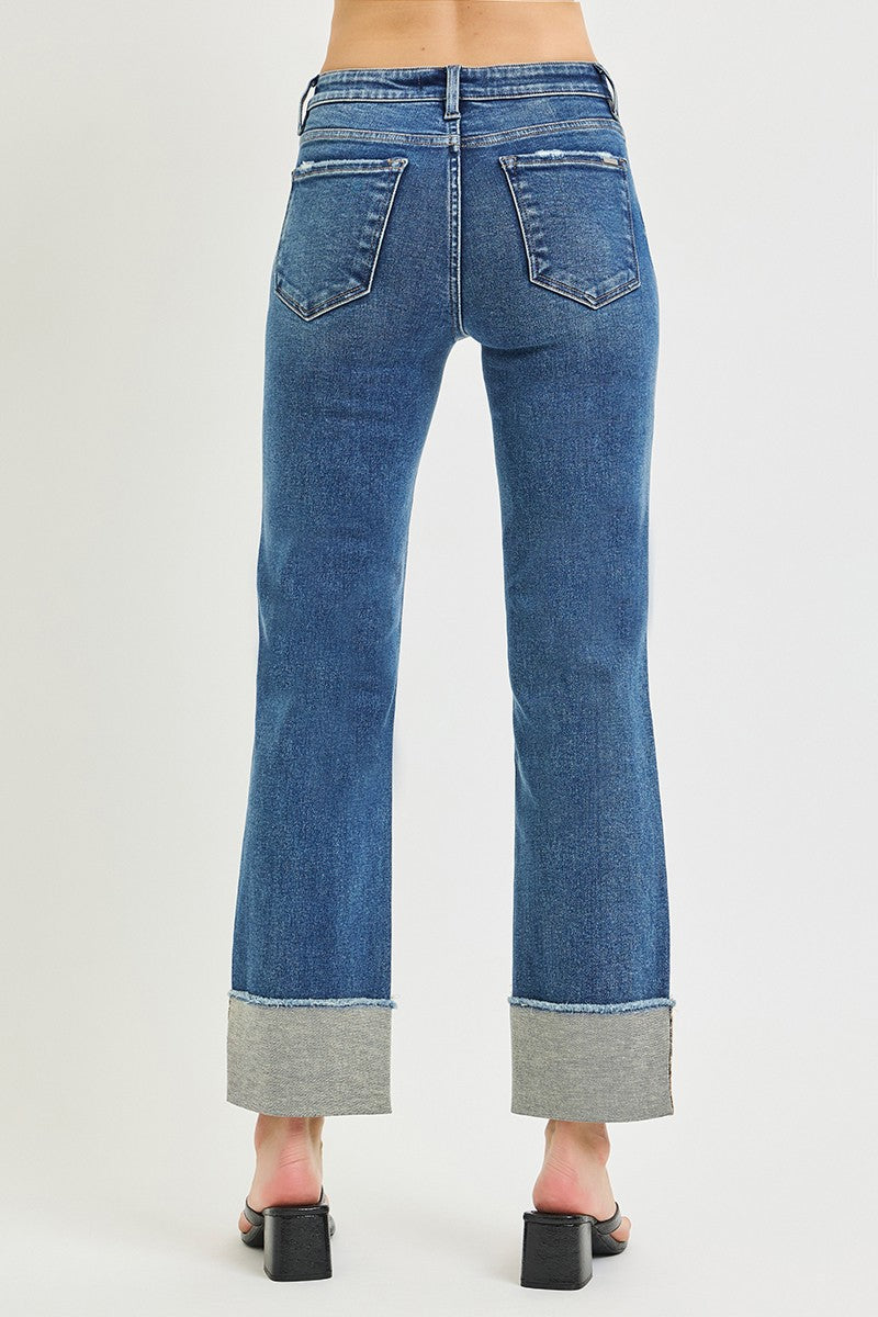 Mid Rise Ankle Straight Cuffed Jeans
