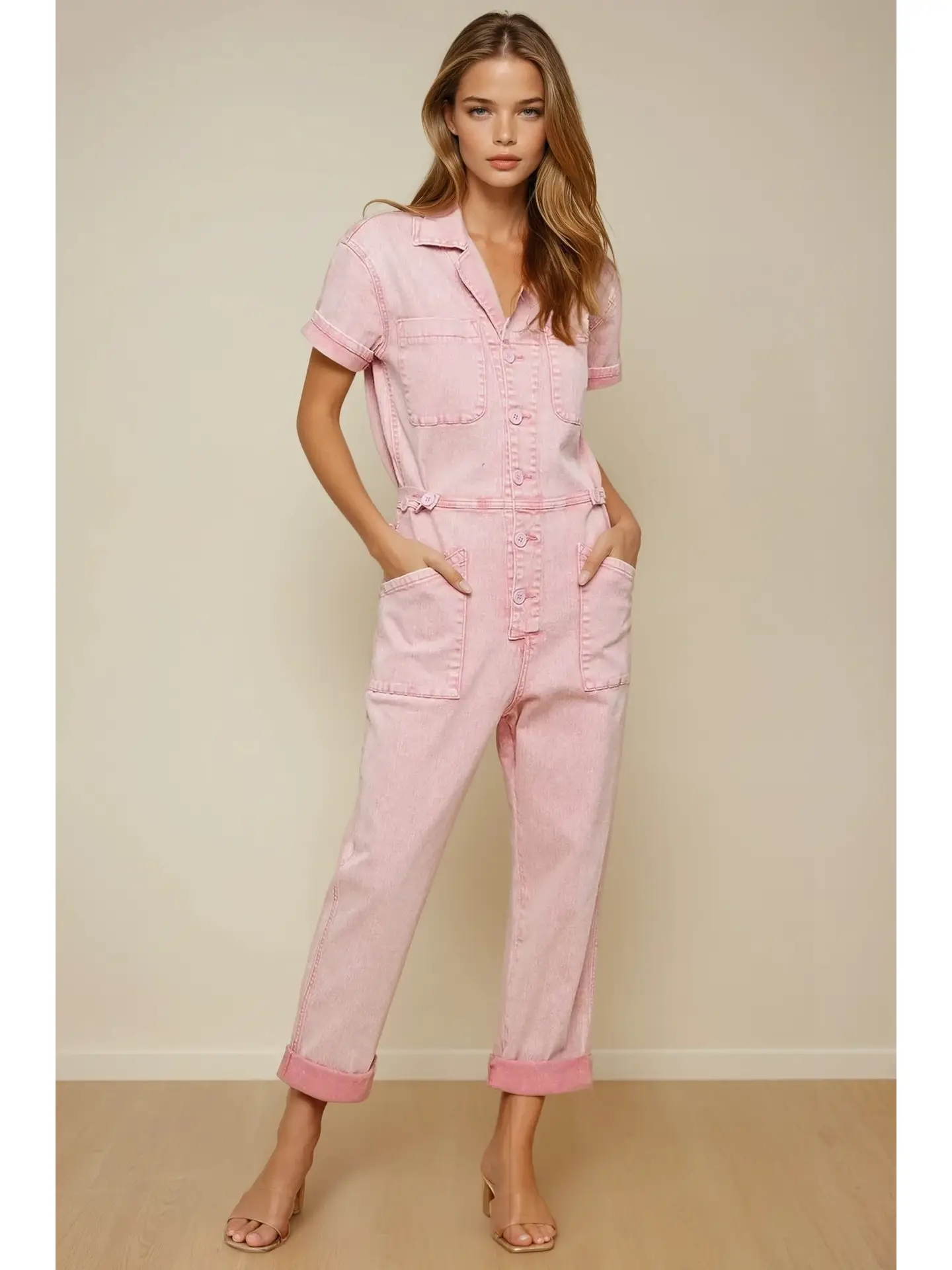 Acid Washed Denim Utility Jumpsuit, rose-front
