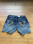 Grace denim butterfly/floral embroidered frayed hem short-back