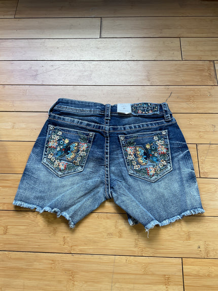 Grace denim butterfly/floral embroidered frayed hem short