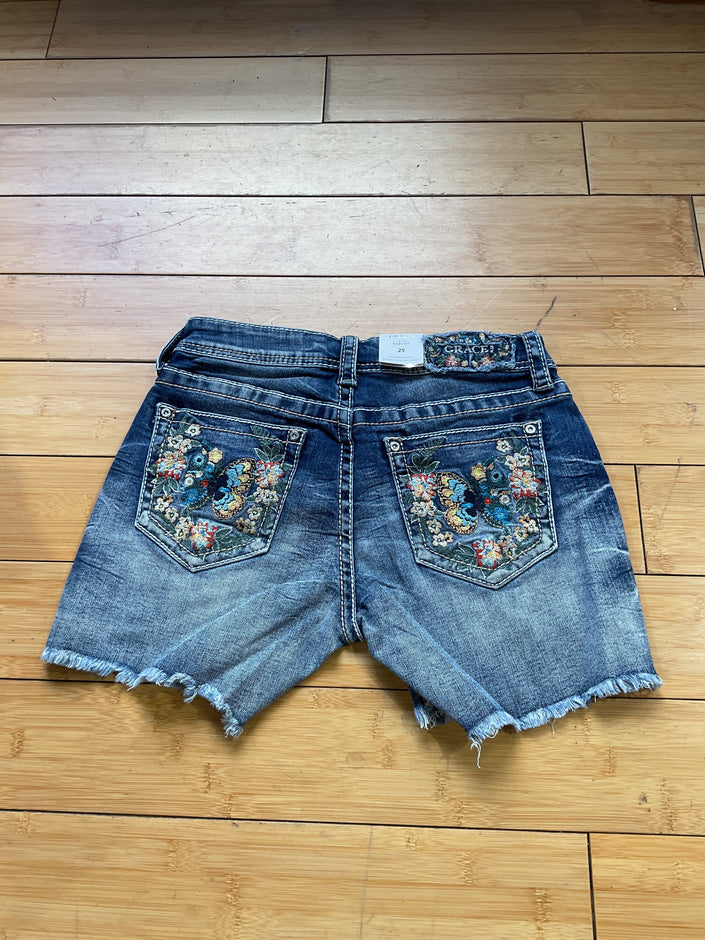Grace denim butterfly/floral embroidered frayed hem short-back
