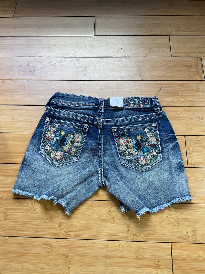 Grace denim butterfly/floral embroidered frayed hem short-back