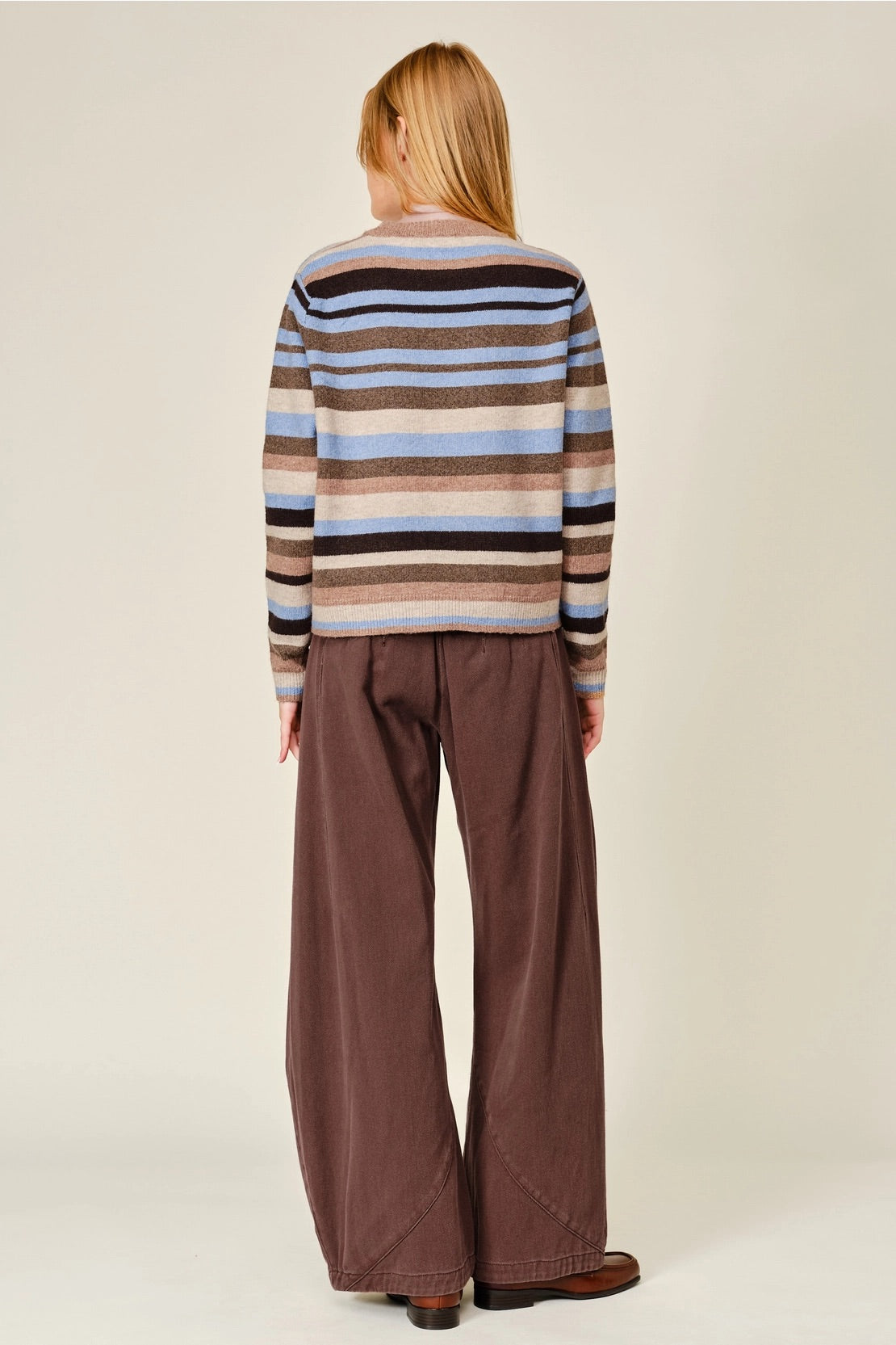 Wool Mix Striped Pullover Sweater Top, brown multi-back
