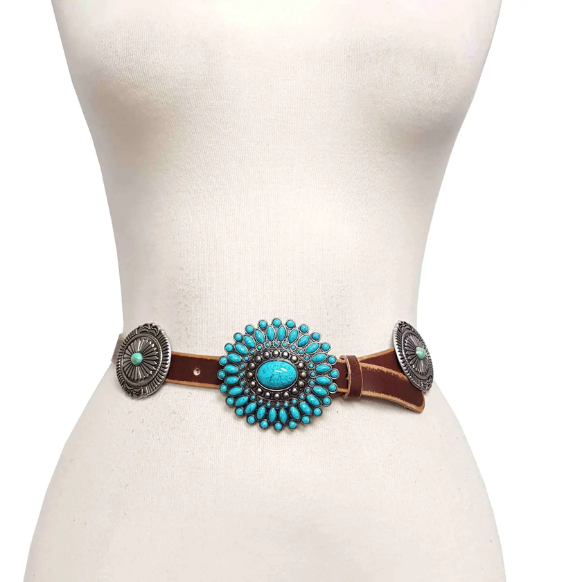 Western Genuine Distressed Leather belt  w. oval conchos worn