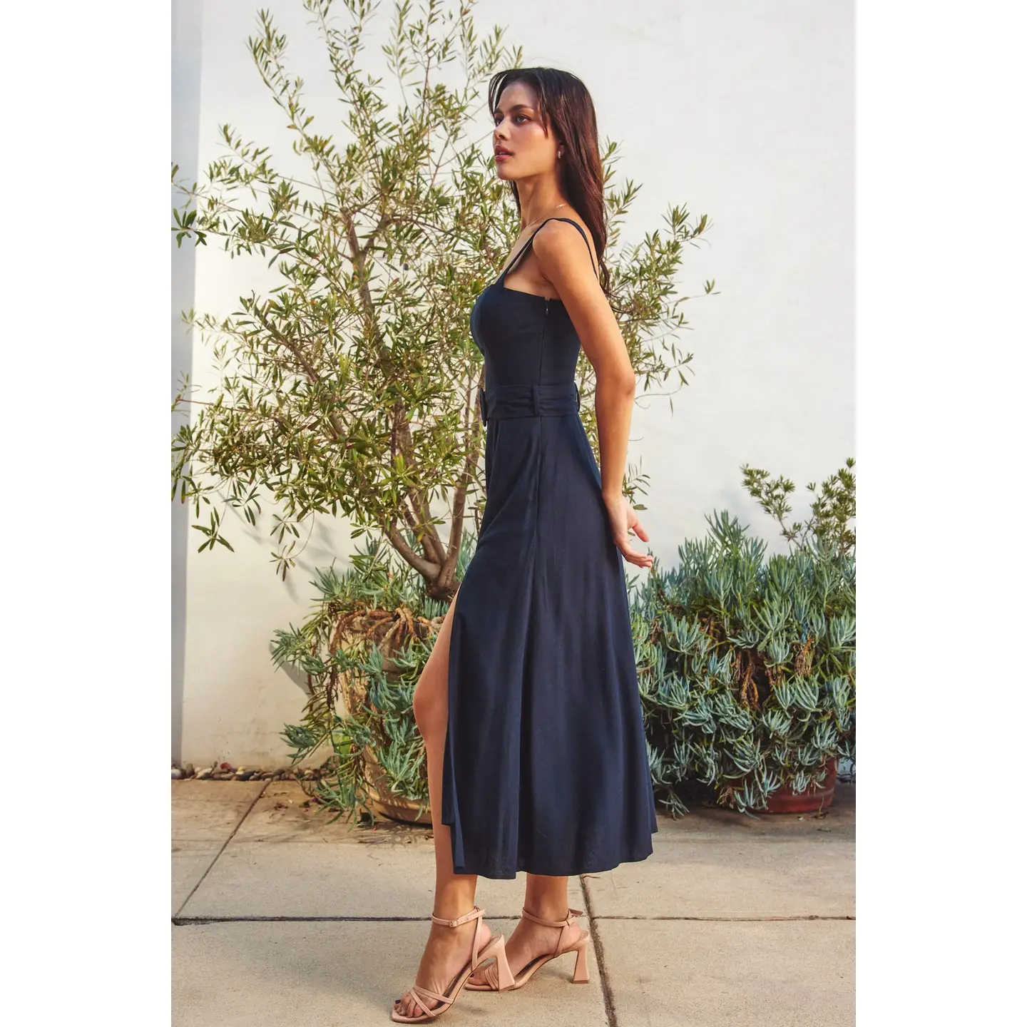 Linen Square Neck Buckle Midi Dress,navy-side