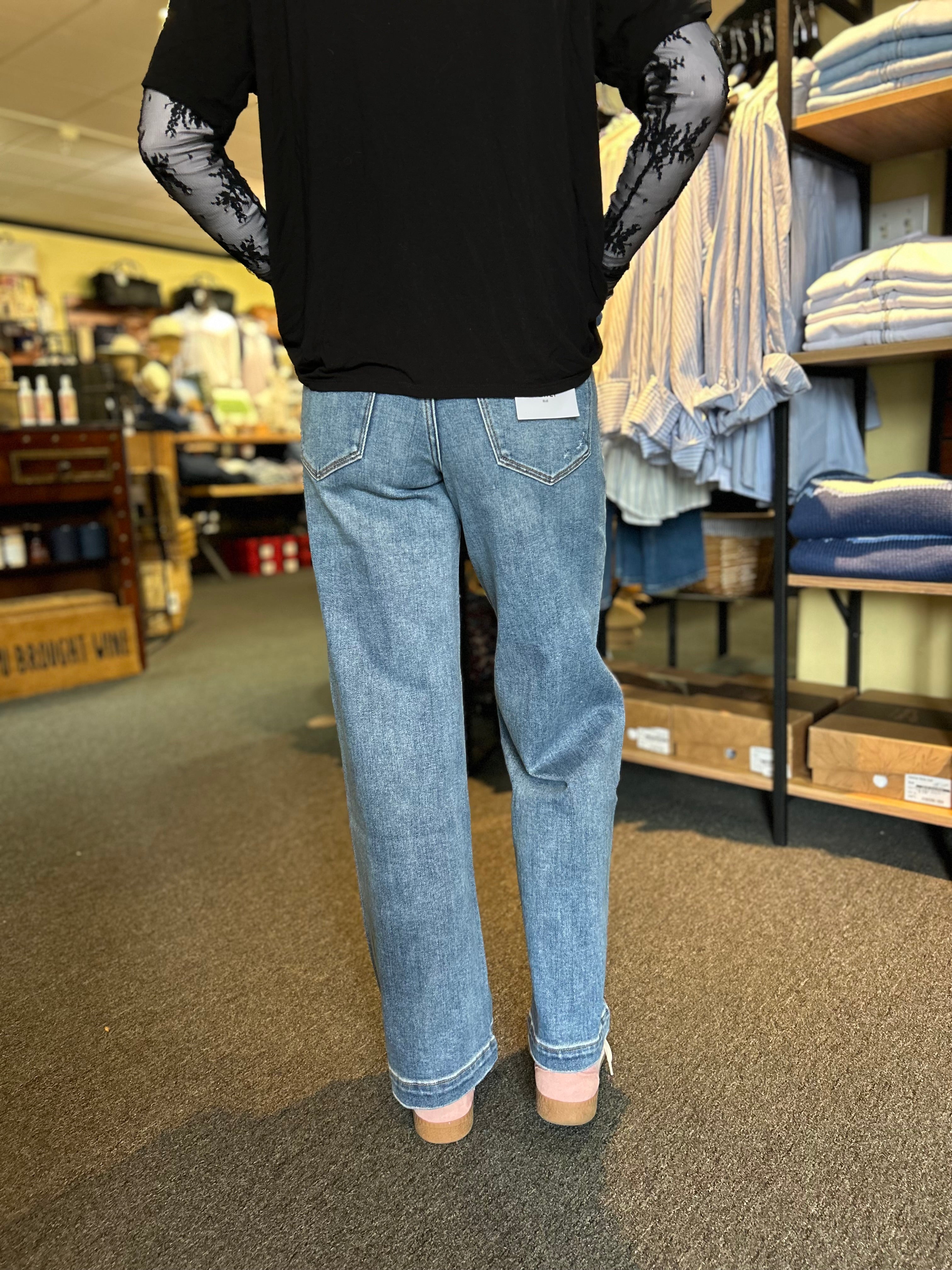Mid Rise Medium Wash Ankle Wide Jeans, cherish-back