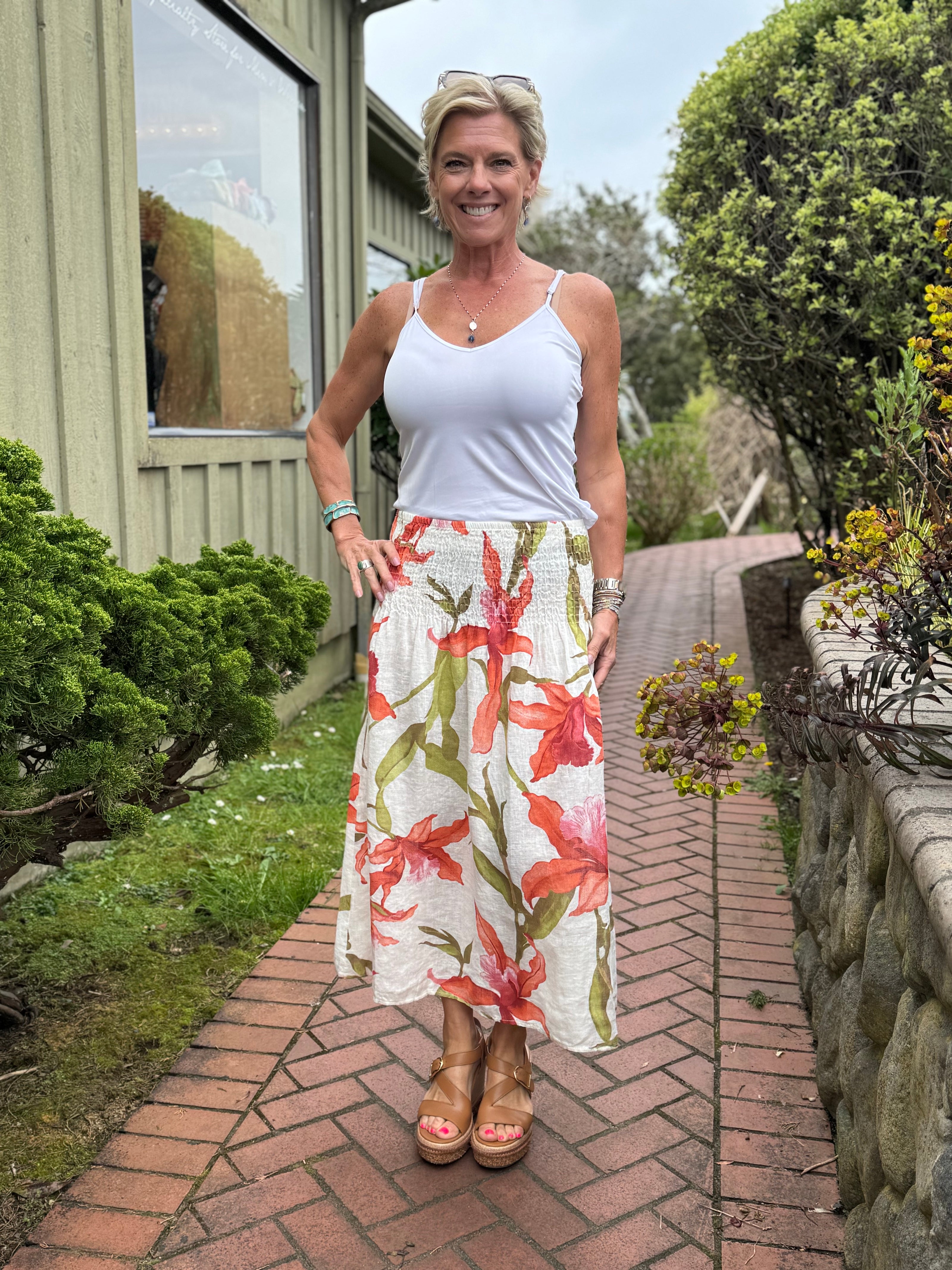 Sunset Orchid Smocked Skirt, cream orange-front