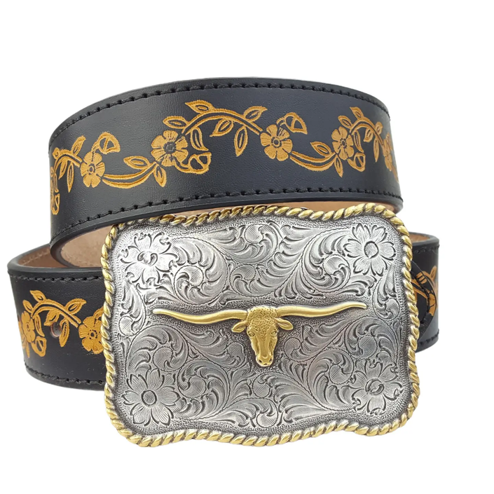 Popular Long Horn Buckle with Vintage floral tooled belt
