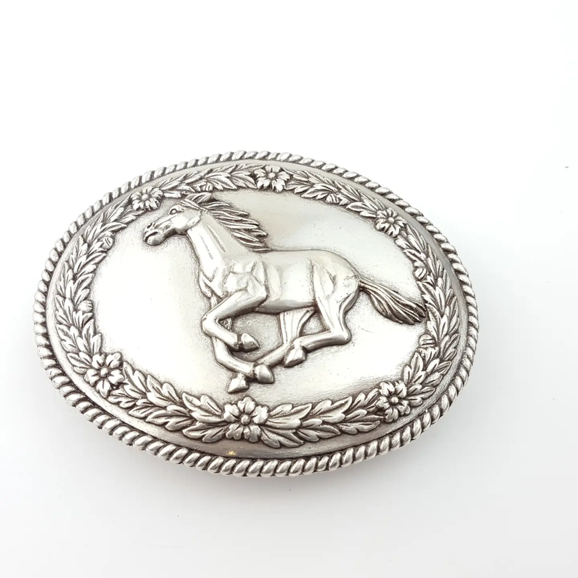 Western Oval Belt Buckle with Galloping Horse Design