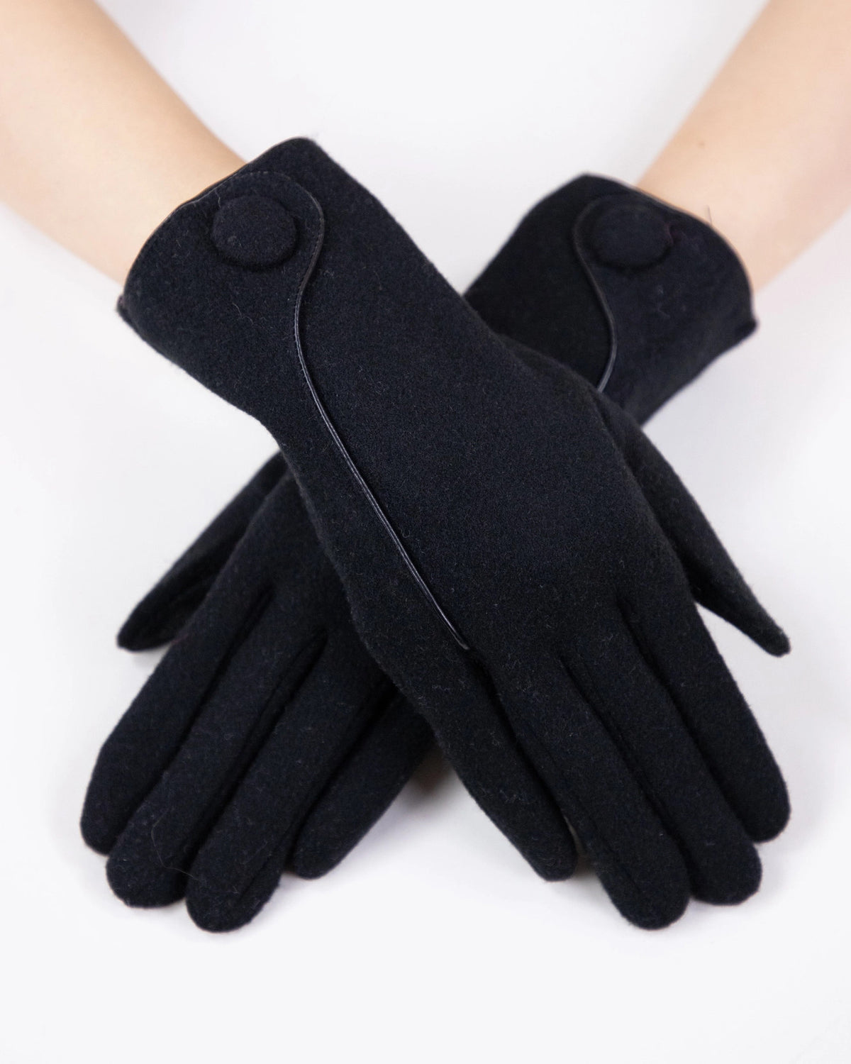 Wool Felted Gloves W/ Leather Seam & Button Black