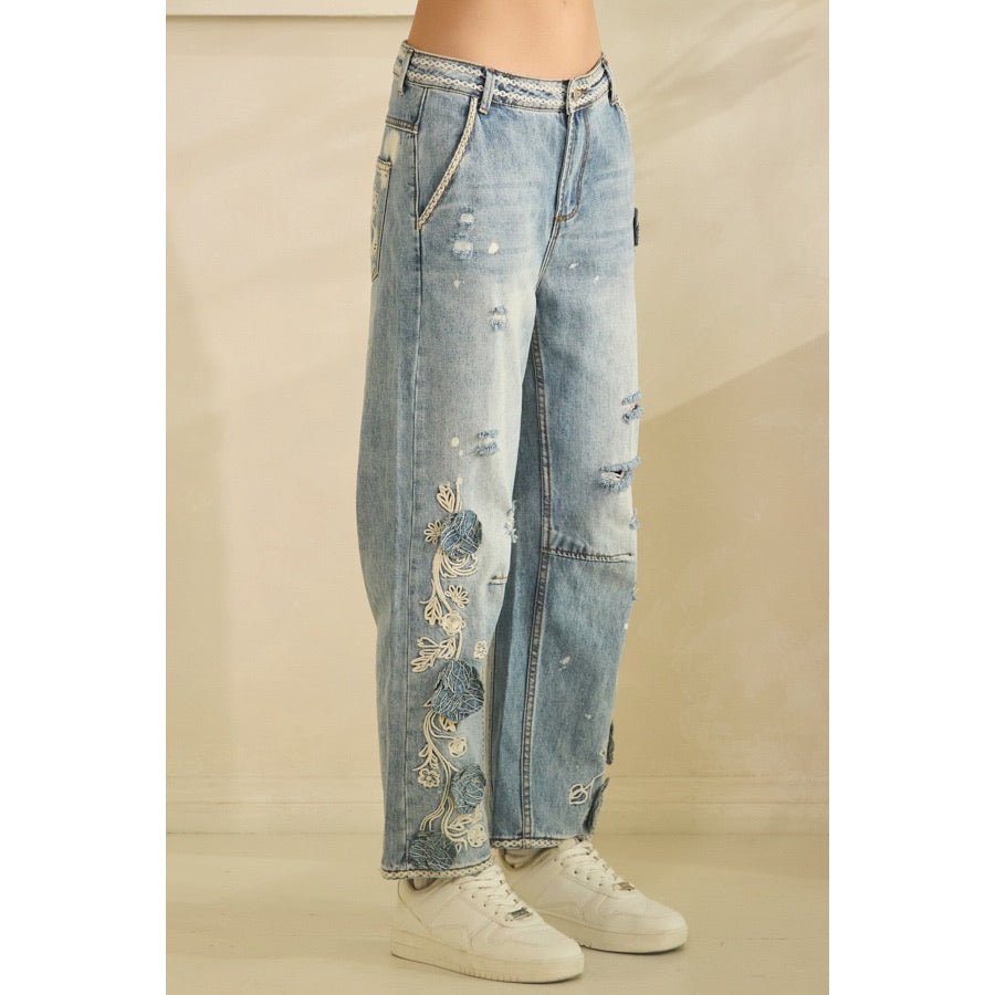 Distressed Embroidered Straight Wide Leg