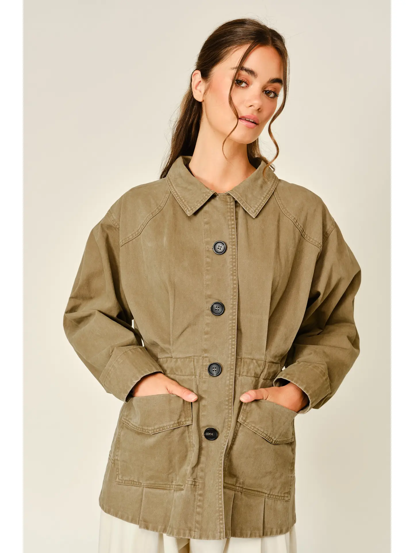 Soft Texture Pleated Hem Military Jacket