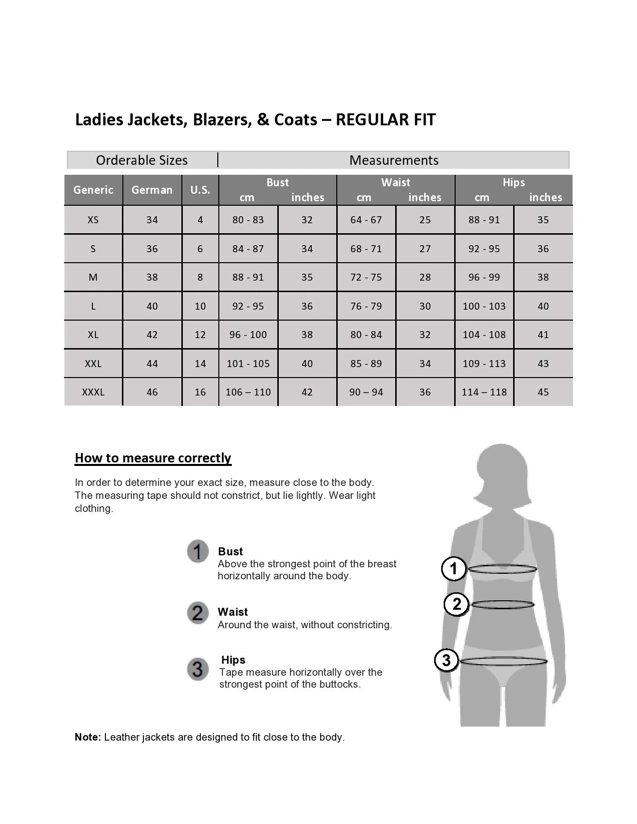 Karyn Women's Leather Jacket | Cognac size chart