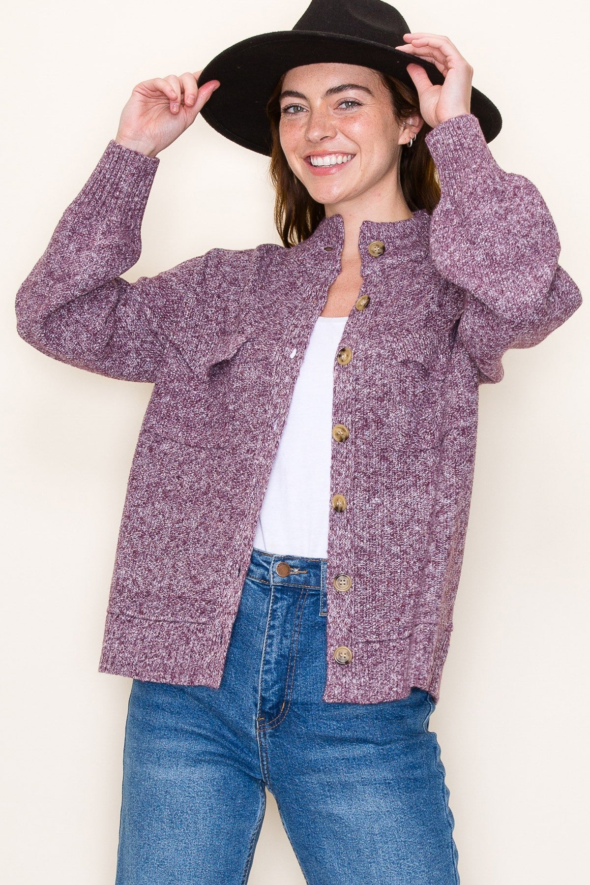 Kim Textured Chest Pocket Sweater cardigan | Two Tone Purple