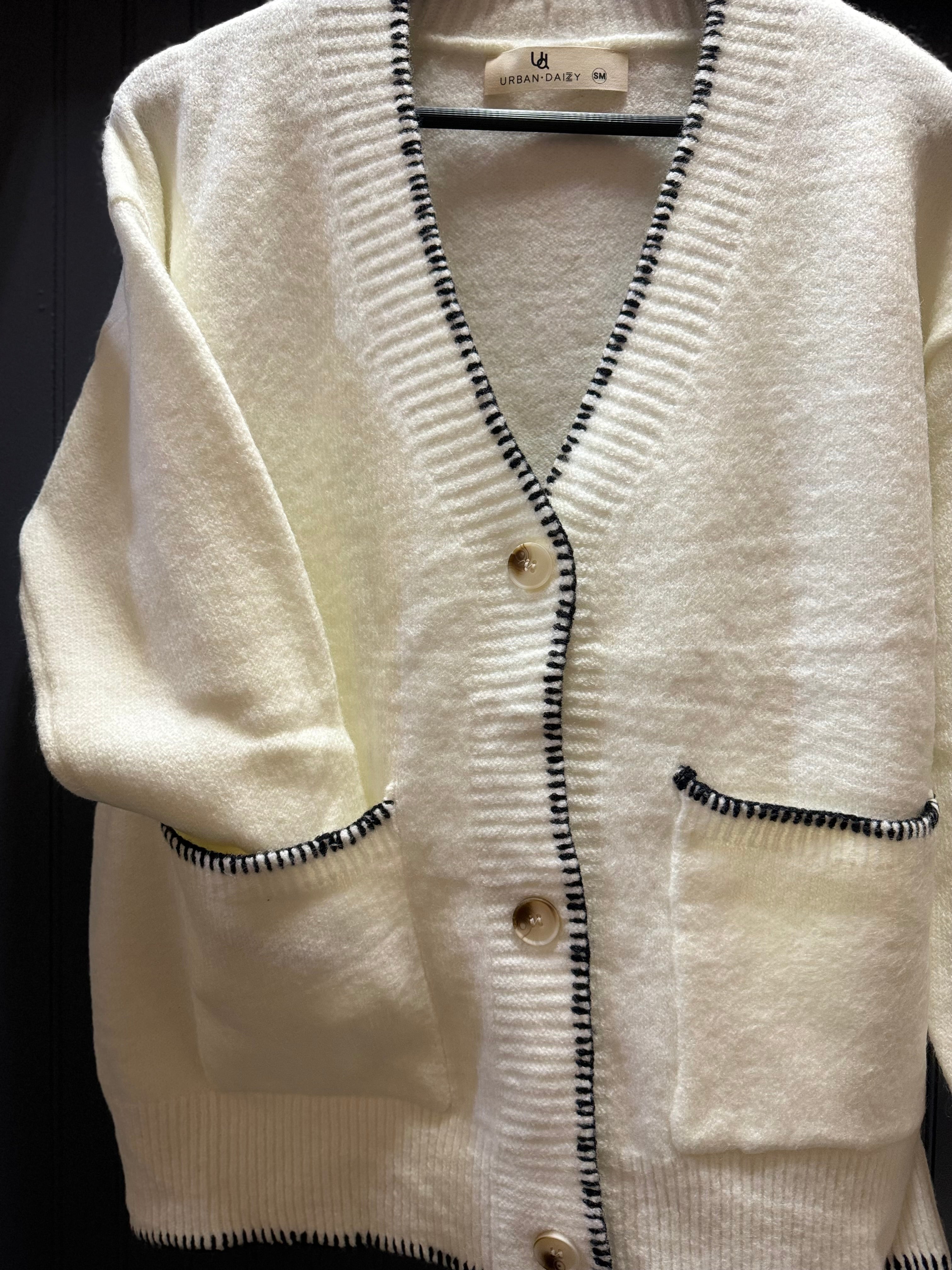 Sandra Stitched Edge Knit Cardigan ivory front