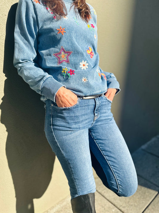 Kelly Sketchbook Star Butterfly & Floral Embroidery Sweater  - Denim