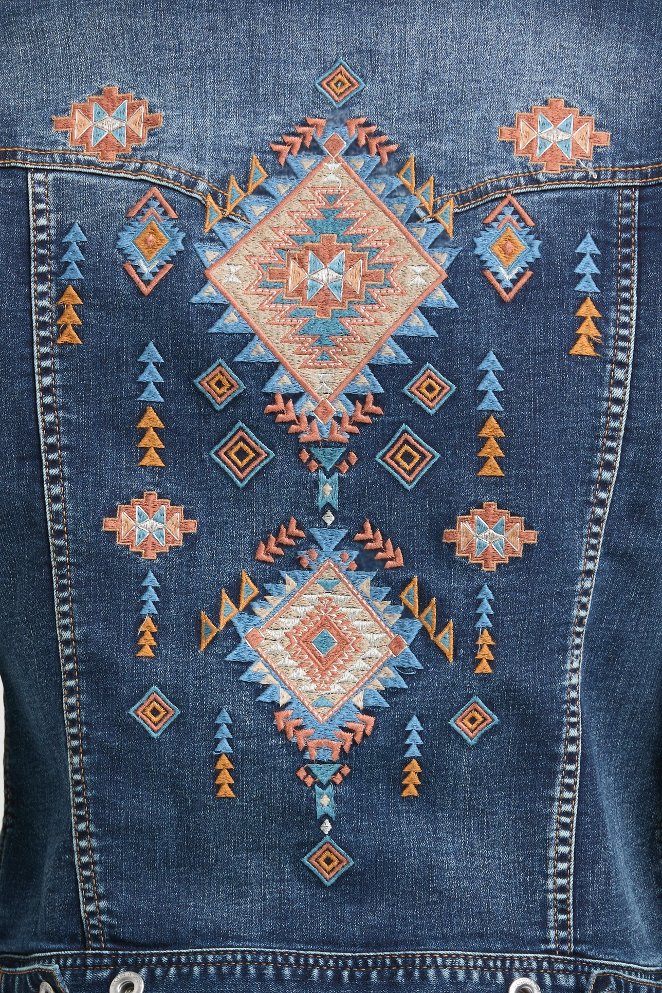Aztec Embroidered Denim Jacket back embroidery close up