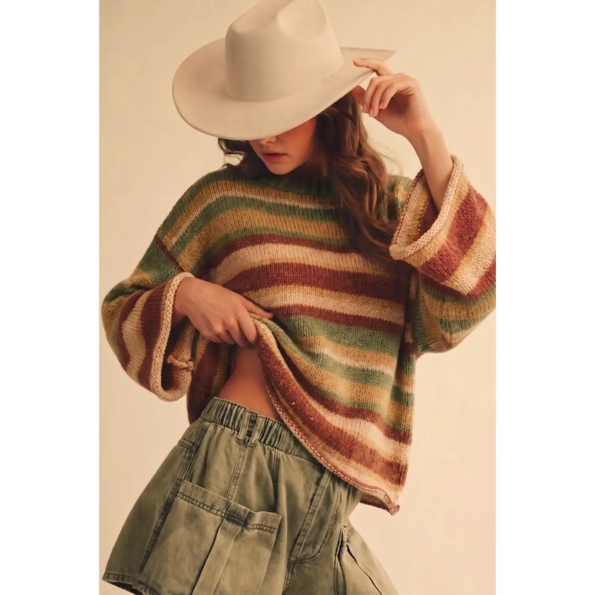 Malibu Breeze Stripe Relaxed Knit Sweater, mocha-front