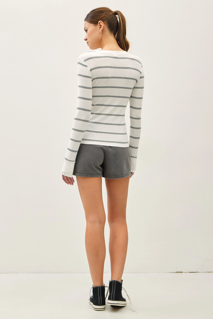 Classic Ribbed Striped Henley LS Top