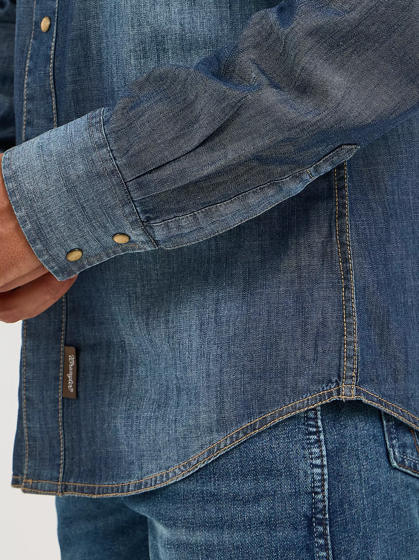 Mens Wrangler Retro Denim Shirt cuff and hem close up
