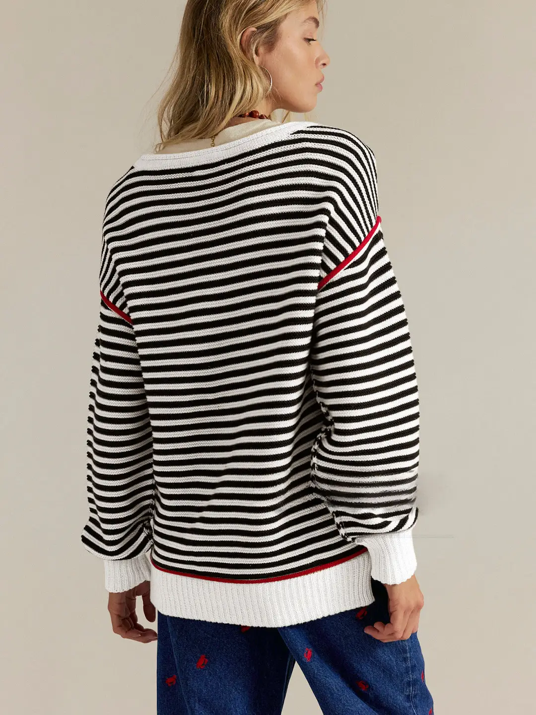 Striped Crewneck Knit Sweater | Loose Fit Pullover Top