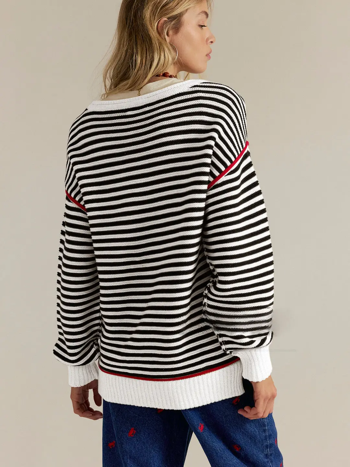 Striped Crewneck Knit Sweater | Loose Fit Pullover Top white back