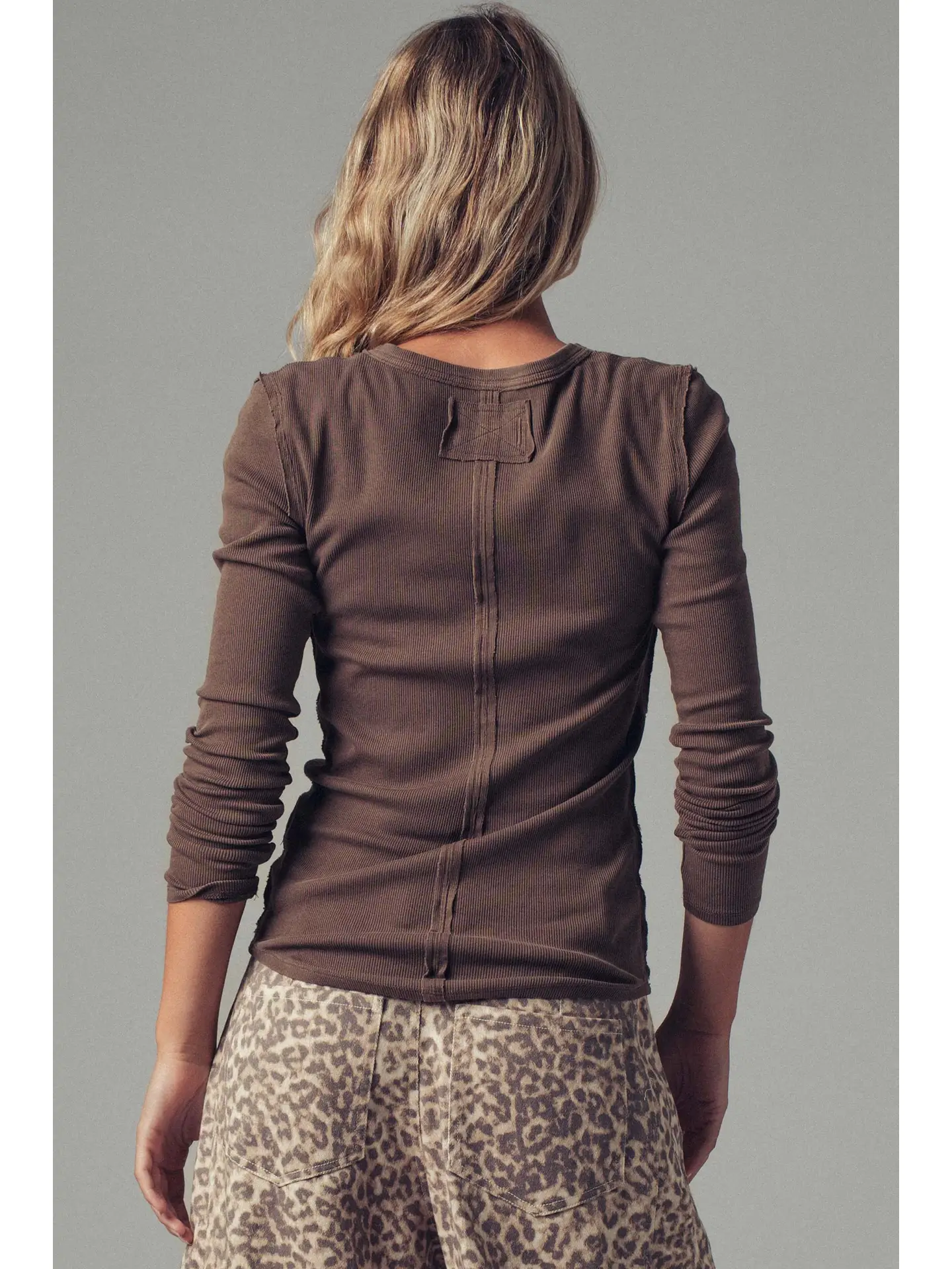 Long Sleeve Henley Top in Soft Ribbed Knit brown back