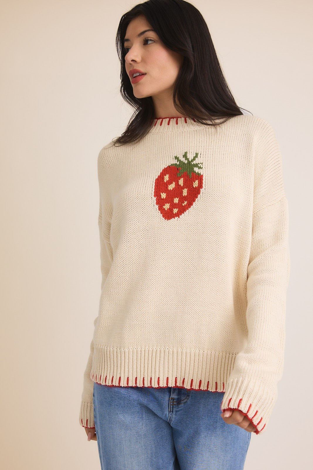 ROUND NECK LONG SLEEVE SLOUCHY STRAWBERRY SWEATER