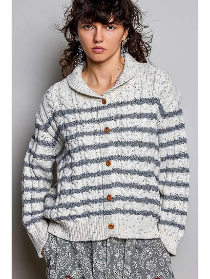 Striped Cable Knit Shawl Collar Button Down Cardigan One Size