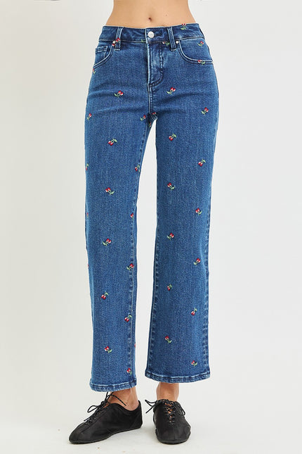 Cherry Cherry Embroidered Ankle Straight, dark wash-front