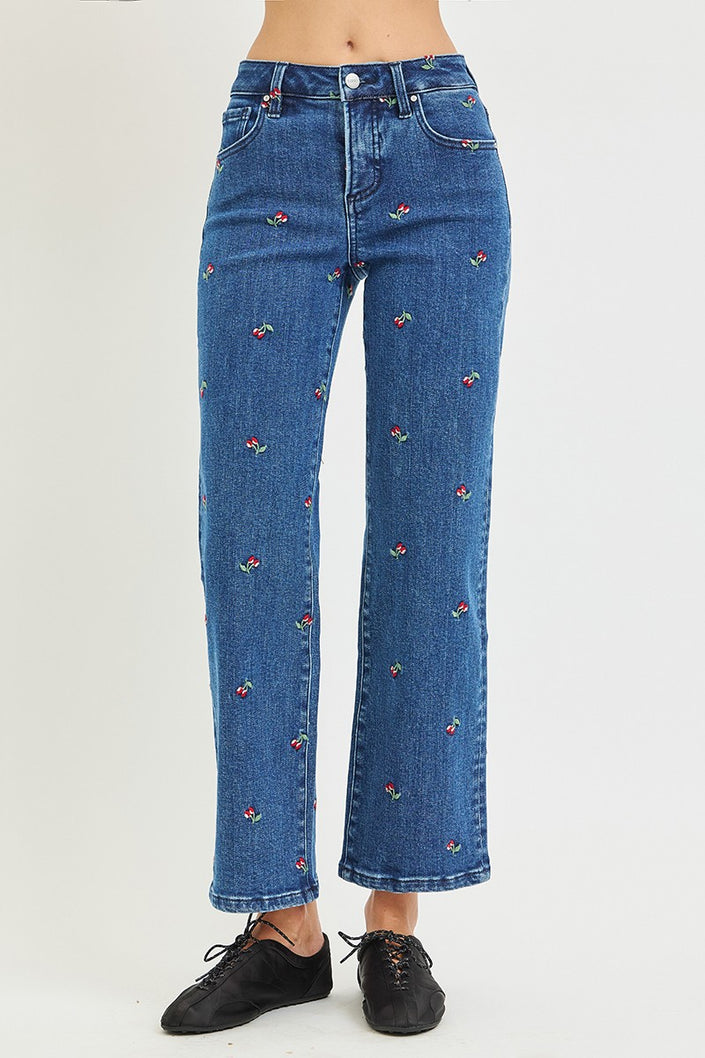 Cherry Cherry Embroidered Ankle Straight, dark wash-front