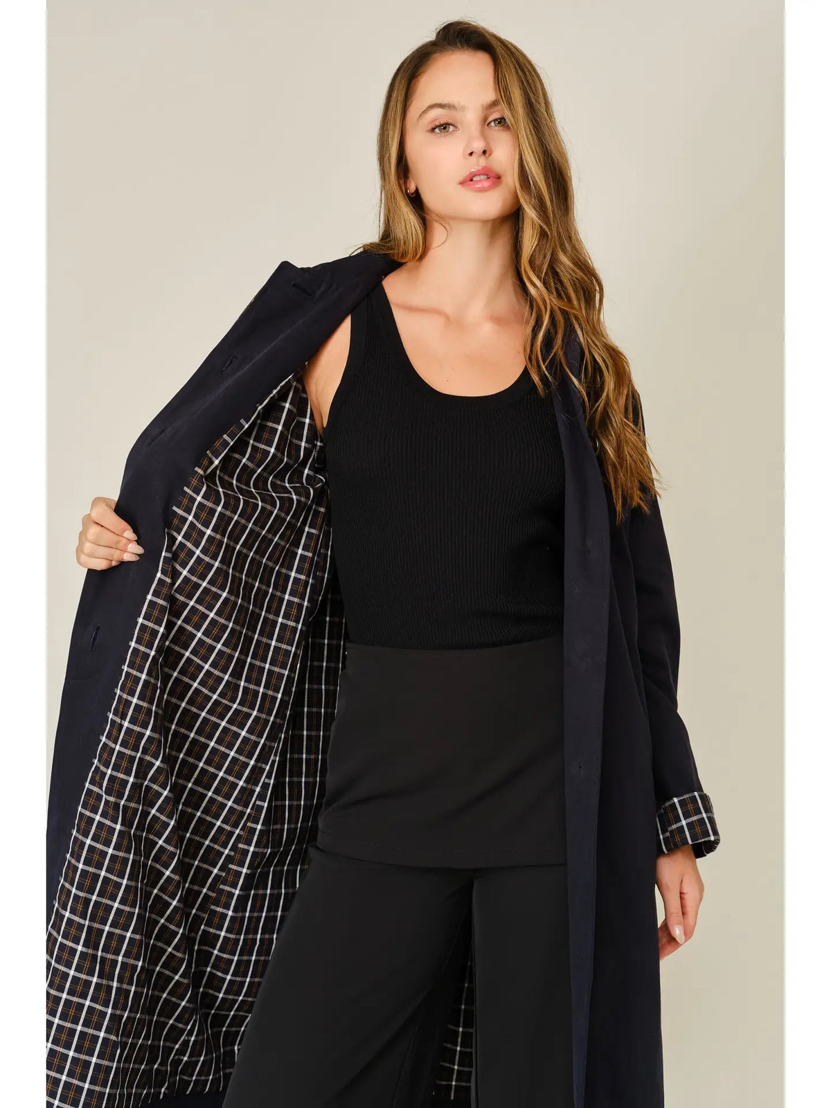 Adaline Detachable Scarf Trench Coat, navy-lining detail