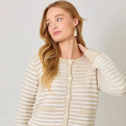 Waggle weave button down cardi oatmeal front detail