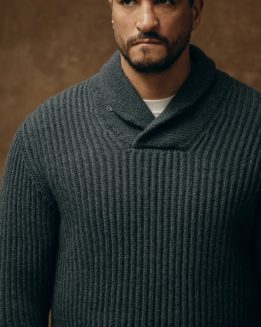 bristol shawl neck sweater gray heather dark charcoal stripe styled close up