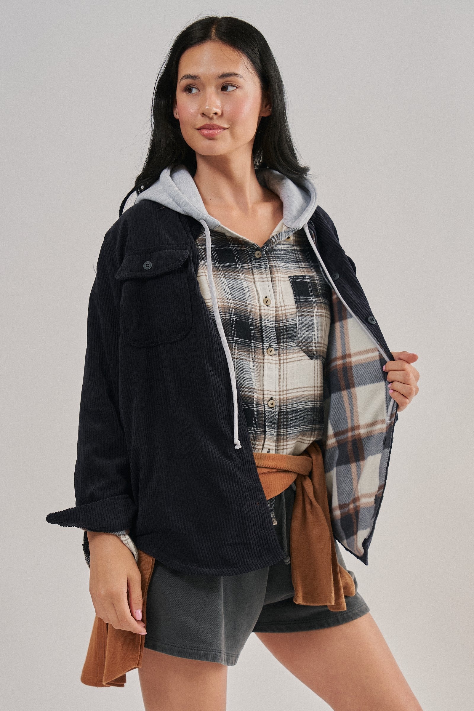 Reversible Cord Flannel Plaid Western Shacket