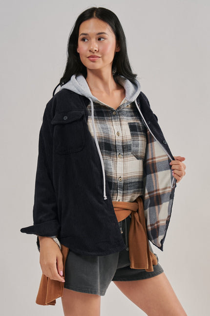Reversible Cord Flannel Plaid Western Shacket, black-front