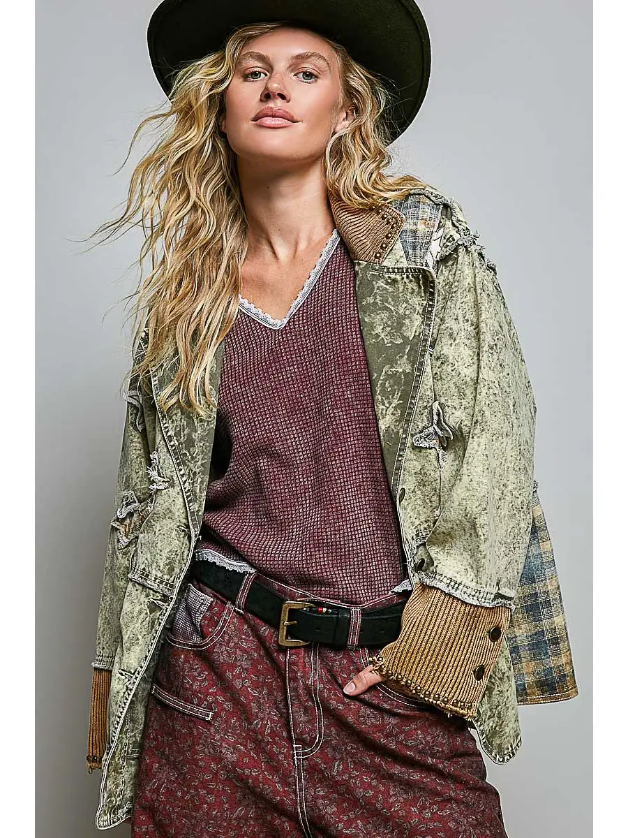 Plaid Star Patch Vintage Washing Twill Jacket