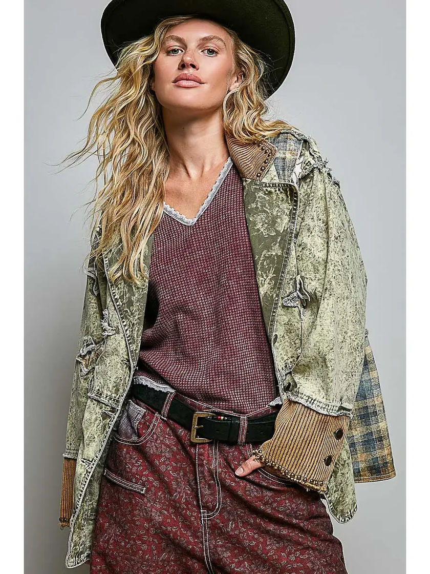 Plaid Star Patch Vintage Washing Twill Jacket