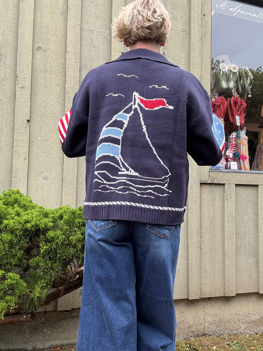 Sailboat Coastal Graphic Cardigan