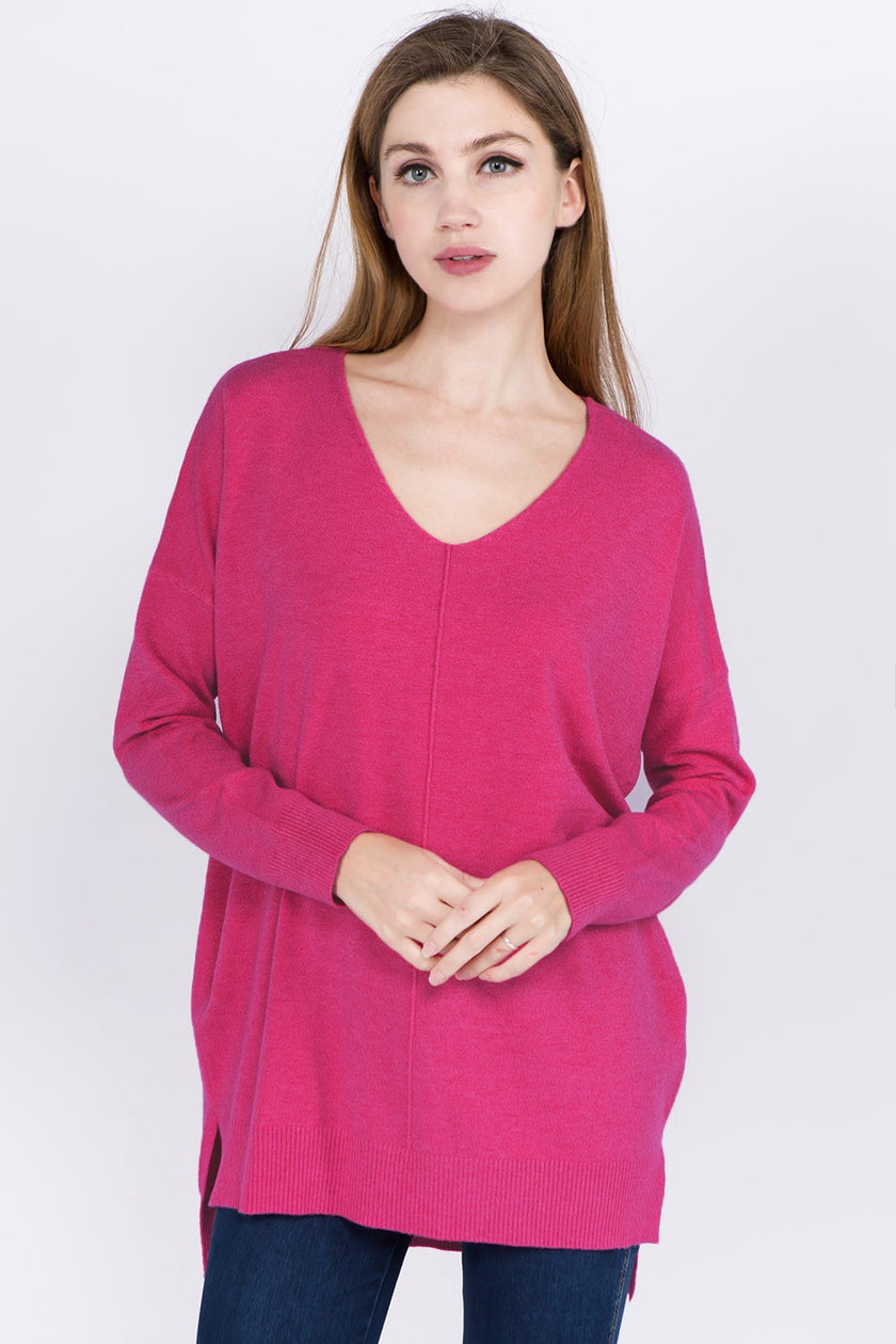 Christi Front Seam Sweater ~ Heather Hot Pink