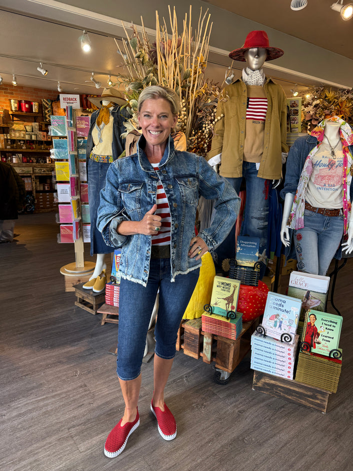 Queen Bee Denim jacket Leopard Stripes front