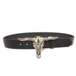 Western Silver Long Horn Skull Buckle Belt, solid black