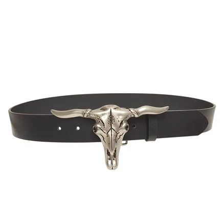 Western Silver Long Horn Skull Buckle Belt, solid black