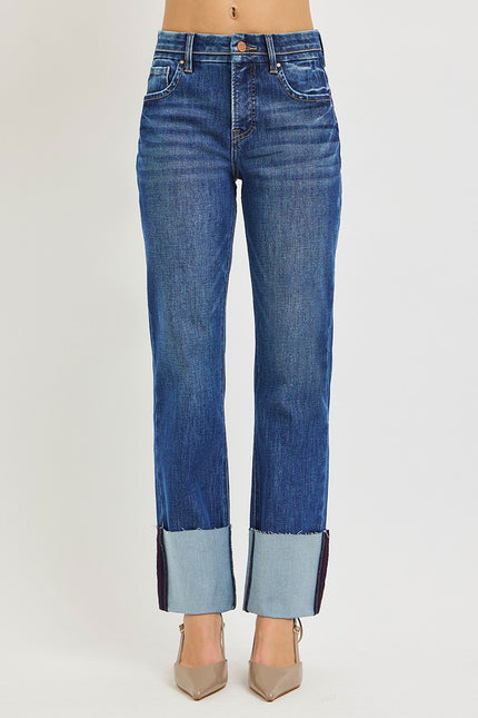 High Rise Ankle Straight Jeans with Wide Cuff, dark-Front